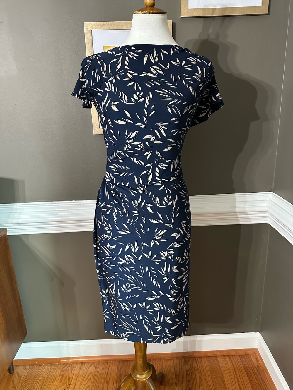 Lauren Ralph Lauren Navy and Cream Leaf-Print Midi Dress